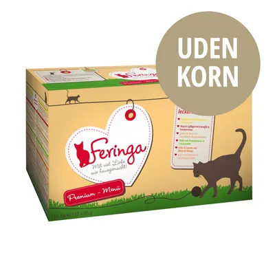 Feringa Premium-Menü kattefoder, 1,02 kg (12 x 85 g), synlig tekst: 'UDEN KORN', 'Mit viel Liebe wie hausgemacht!'. Billede af kat og hjerteformet mærke på emballagen. Feringa Premium-Menü kattefoder, 1,02 kg (12 x 85 g), synlig tekst: 'UDEN KORN', 'Mit viel Liebe wie hausgemacht!'. Billede af kat og hjerteformet mærke på emballagen.