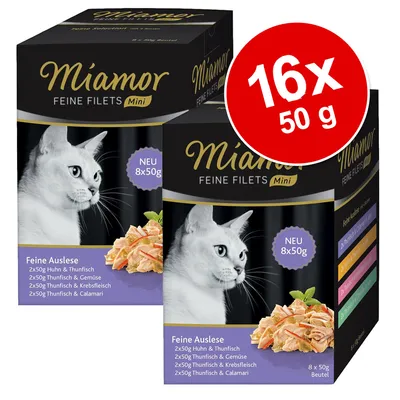 Miamor Feine Filets Mini Feine Auslese, 16x50 g. Innehåller: 2x50 g kyckling & tonfisk, 2x50 g tonfisk & grönsaker, 2x50 g tonfisk & krabbkött, 2x50 g tonfisk & bläckfisk.