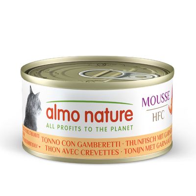 almo nature HFC Mousse cat food tin, text: ALL PROFITS TO THE PLANET, TONNO CON GAMBERETTI, THUNFISCH MIT GARNELEN, THON AVEC CREVETTES, TONIJN MET GARNAAL