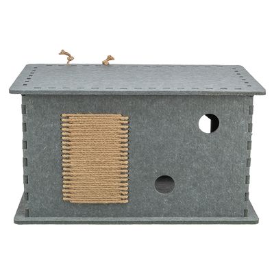 Grått rektangulärt katthus av filt med sisalyta för klösning och två runda ingångar.