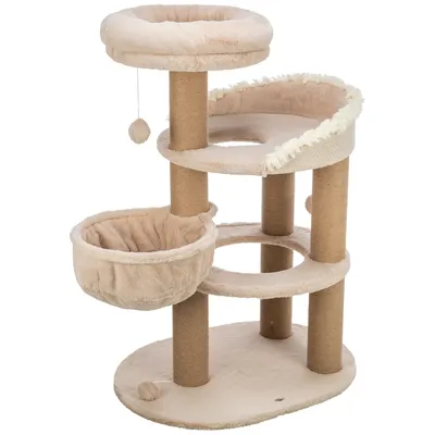 Kratzbaum mit drei Ebenen, zwei gepolsterten Liegeflächen, einer Hängemulde und Spielball. Säulen aus Sisal umwickelt, beige Stoffbezug.