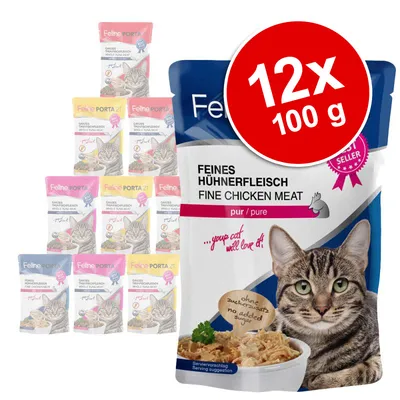 Lot de 12 sachets Feline Porta 21, 100 g chacun. Texte visible : Feines Hühnerfleisch Fine Chicken Meat pur/pure, ohne zuckerzusatz no added sugar, your cat will love it!