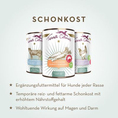 Terra Canis Schonkost Huhn mit Karotte, Kartoffel, Hüttenkäse & Kamille. 100% Lebensmittelqualität. Gentle meal: Chicken with carrot, potato, cottage cheese & camomile.