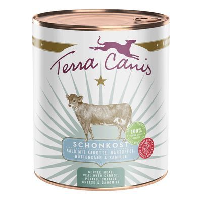 Terra Canis SCHONKOST kalf met wortel, aardappel, hüttenkäse & kamille. 100% natuurlijke ingrediënten. Gentle meal: veal with carrot, potato, cottage cheese & camomile.