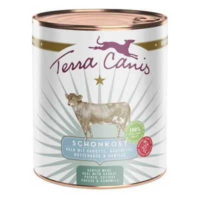 Terra Canis SCHONKOST kalf met wortel, aardappel, hüttenkäse & kamille. 100% natuurlijke ingrediënten. Gentle meal: veal with carrot, potato, cottage cheese & camomile.