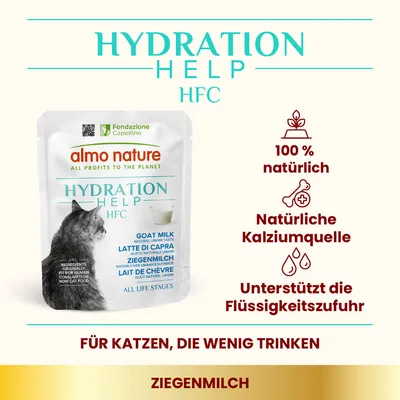 Almo Nature Hydration Help HFC Ziegenmilch. 100% natürlich, natürliche Kalziumquelle, unterstützt die Flüssigkeitszufuhr. Für Katzen, die wenig trinken.