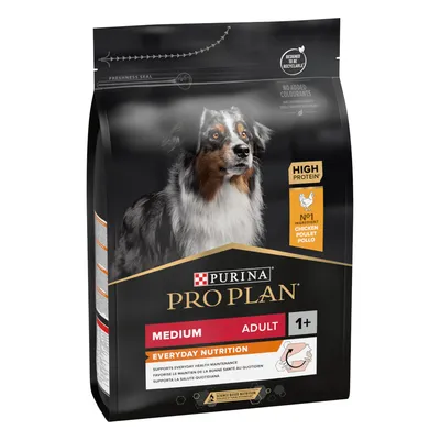 Purina Pro Plan Medium Adult 1+ Everyday Nutrition, kylling som hovedingrediens, højt proteinindhold, ingen tilsatte farvestoffer, genanvendelig emballage.
