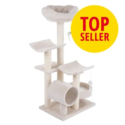 Beige kradsetræ med flere platforme, tunnel og hængende legetøj. Stor gul cirkel med rød tekst: TOP SELLER.