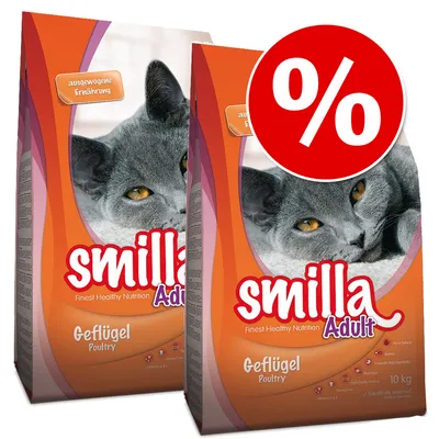 Dve balenia Smilla Adult Geflügel Poultry 10 kg s obrázkom mačky a veľkým symbolom percenta na zľavu. Text na obale: Finest Healthy Nutrition, ausgwogene Ernährung.