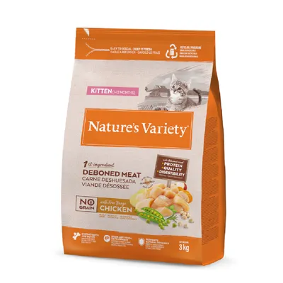 Nature's Variety hrana za mačke za mladiče (1–12 mesecev), glavna sestavina izkoščeno meso, brez žit, s piščancem iz proste reje, 3 kg. Podpira kosti, vid in naravno odpornost.