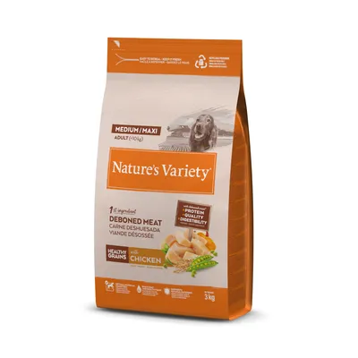 Συσκευασία Nature’s Variety Medium/Maxi Adult (>10kg), 3 kg. Deboned meat, healthy grains with chicken. Εμφανίζεται σκύλος και πληροφορίες για πρωτεΐνη, ποιότητα, πεπτικότητα.