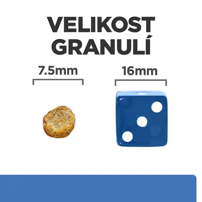 Porovnanie veľkosti granule 7,5 mm a modrej kocky 16 mm. Text v češtine: VELIKOST GRANULÍ.