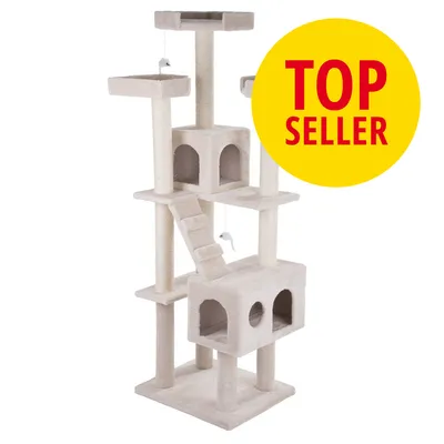 Kradsestativ i beige med flere platforme, huler, stiger og hængende legetøjsmus. Gul cirkel med rød tekst: TOP SELLER.