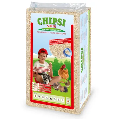 Emballage de litière CHIPSI SUPER, texte visible : Qualitats-Heimtierstreu, Feingranulat – Fine Granulate, Super Sauberkeit – Super Cleanless. Photos de petits animaux et volaille.