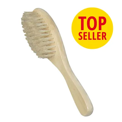 Szczotka z jasnego drewna z naturalnym włosiem, żółte kółko z napisem TOP SELLER