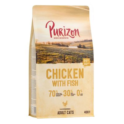 Purizon Dry Cat Food Fresh Lamb & Chicken pose samt seks Cosma Nature dåser: Chicken and Tuna, Chicken Fillet, Tuna with Shrimps, Skipjack Tuna, Salmon, Chicken with Chicken Ham. Procenttegn vises.