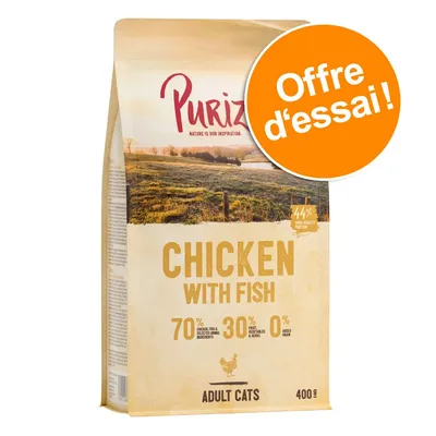 Purizon Chicken with Fish pour chats adultes, 400 g. Offre d’essai. 70 % poulet et poisson, 30 % fruits/légumes/herbes, 0 % céréales, 44 % protéines de haute qualité.