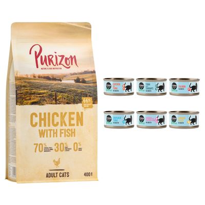 Purizon Dry Cat Food -pussi, jossa musta kissa, tekstiä englanniksi. Seitsemän Cosma Nature -kissanruokapurkkia eri makuina. Sininen ympyrä: KOKEILE NYT.