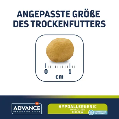 Croquette Advance Veterinary Diets Hypoallergenic Hydrolised Mini moins de 10 kg, diamètre environ 1 cm, texte allemand : 'Angepasste Größe des Trockenfutters'.