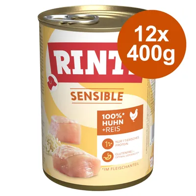 Rinti Sensible, 12x400g konzervy, 100 % kuracie mäso + ryža, len 1 živočíšny proteín, bez lepku pre optimálnu znášanlivosť, vo mäsovom podiele.