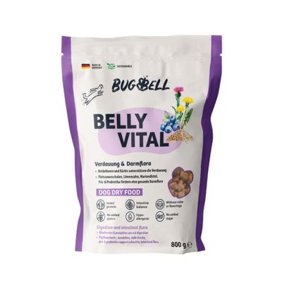 BugBell Belly Vital Trockenfutter für Hunde, 800g. Fördert Verdauung und Darmflora mit Heidelbeeren, Kürbis, Flohsamenschalen, Prä- und Probiotika. Made in Germany, nachhaltig, hypoallergen.
