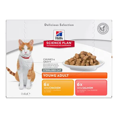 Hill's Science Plan Sterilised Cat Young Adult, Chunks & Gravy. 6x s piletinom, 6x s lososom. Pakiranje od 12 x 85 g. Prikaz mačke i zdjelice hrane na ambalaži.
