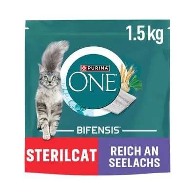 Purina ONE Bifensis Sterilcat, rich in pollock, 1.5 kg. Packaging with image of a grey cat and ingredients such as wheat and fish.