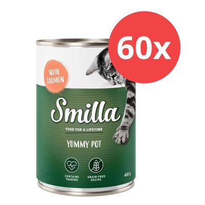 Smilla Yummy Pot mit Lachs, 400g Dose, enthält Taurin, getreidefreie Rezeptur. 60x Packung abgebildet.
