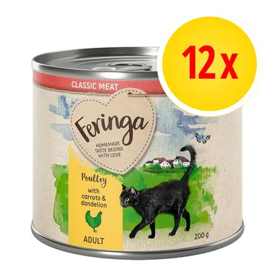 Feringa Classic Meat Adult kissanruoka, siipikarjaa, porkkanaa ja voikukkaa. 200 g purkki, pakkauksessa 12 kpl. Etiketissä musta kissa ja kylämaisema.