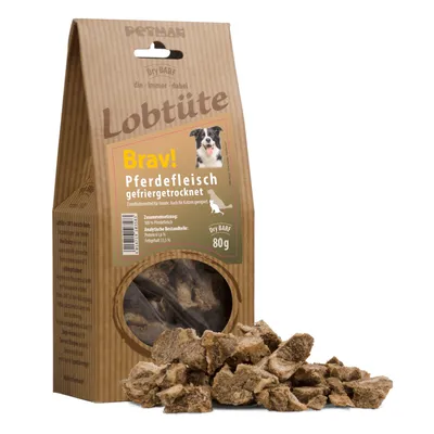 PETMAN Lobtüte Brav! Pferdefleisch gefriergetrocknet, Einzelfuttermittel für Hunde und Katzen, 80g. Zusammensetzung: 100% Pferdefleisch. Analytische Bestandteile: Protein 65%, Fettgehalt 3,5%.