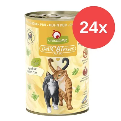 GranataPet DeliCATessen Huhn PUR, 24x Dose. Ohne Getreide, Granatapfelkerne, Lachsöl, Grünlippmuschel. Illustration von zwei Katzen auf gelber Verpackung.