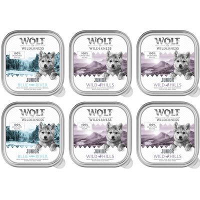 Wolf of Wilderness JUNIOR Duo de protéines 6 / 24 barquettes de 150 g pour chiot 24 x 150 g : 16 x canard, veau, 8 x poulet, saumon