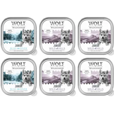 Wolf of Wilderness JUNIOR - Duo-eiwit recept 6 / 24 x 150 g kom - 6 x 150 g: 4x eend & kalfsvlees, 2x kip & zalm Wolf of Wilderness JUNIOR - Duo-eiwit recept 6 / 24 x 150 g kom - 6 x 150 g: 4x eend & kalfsvlees, 2x kip & zalm