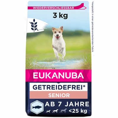 Eukanuba Senior hrana za pse, bez žitarica, od 7 godina, <25 kg, ponovno zatvoriva, proizvedena u tvornici koja prerađuje žitarice, pakiranje 3 kg.
