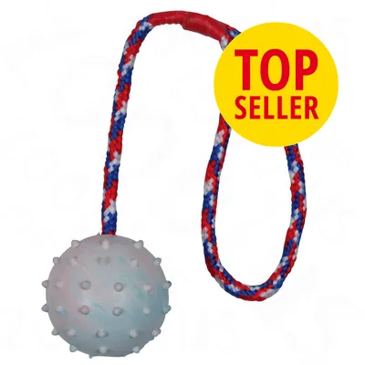 Koiran lelu: valkoinen nystyräpallo punasinivalkoisessa narussa. Keltainen ympyrä, jossa punaisella teksti 'TOP SELLER'. Koiran lelu: valkoinen nystyräpallo punasinivalkoisessa narussa. Keltainen ympyrä, jossa punaisella teksti 'TOP SELLER'.