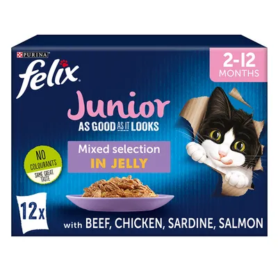 Purina felix Junior 2–12 months, Mixed selection in jelly, 12× s hovězím, kuřecím, sardinkou, lososem. Bez barviv. Na obalu obrázek kočky a misky s krmivem.