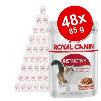 Royal Canin Instinctive, 48 sachets de 85 g pour chats adultes, visible sur l’emballage : morceaux en sauce et image d’un chat. Texte multilingue sur le paquet.
