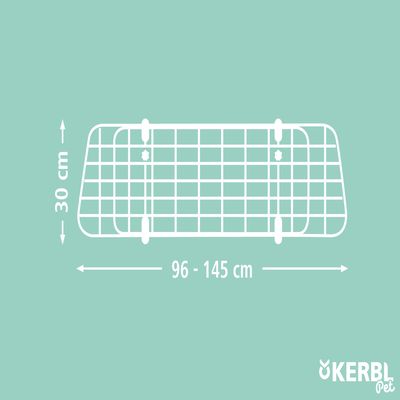 Kerbl Pet grilaj cu dimensiuni: înălțime 30 cm, lățime reglabilă de la 96 la 145 cm. Design alb pe fundal verde.
