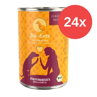 Herrmann's Manufaktur Bio-Ente mit Süßkartoffel, 24x. Widoczny napis: Organic duck with sweet potato. Opakowanie z oznaczeniem BIO.