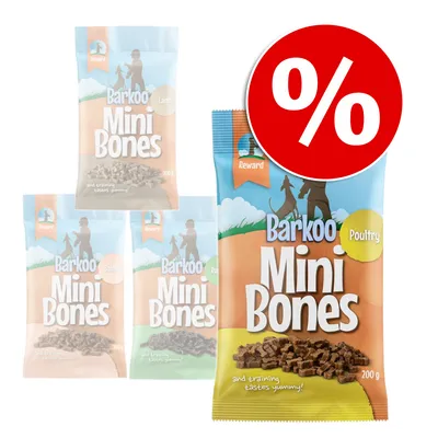 Višestruka pakiranja Barkoo Mini Bones, okusi Poultry, Lamb, Salmon i Rabbit, svako 200 g. Veliki crveni simbol postotka označava posebnu ponudu ili popust. Višestruka pakiranja Barkoo Mini Bones, okusi Poultry, Lamb, Salmon i Rabbit, svako 200 g. Veliki crveni simbol postotka označava posebnu ponudu ili popust.