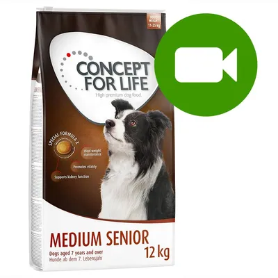 Concept for Life Medium Senior 12 kg, karma dla psów 7+ lat, waga psa 11–25 kg. Zielona ikona kamery wideo w prawym górnym rogu opakowania.
