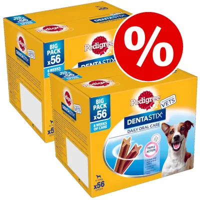 Pedigree Dentastix Daily Oral Care, Big Pack x56, 8 weeks of care, recommended by vets. Two yellow boxes with dog image and large red percent discount symbol.