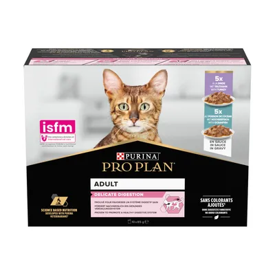 Purina Pro Plan Adult Delicate Digestion храна за котки, 10x85g, с пуешко и океанска риба в сос. Научно разработена, без оцветители, ISFM-сертифицирана.