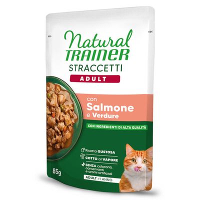 Lot de 44 sachets Natural Trainer Straccetti pour chat, 85 g chacun. Texte visible : 'ADULT 1+ ANNI/YEARS', 'CON TONNO E VERDURE'. Image d’un chat et du produit en sauce.