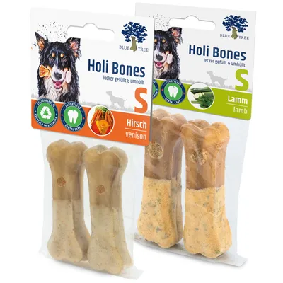 Blue Tree Holi Bones, relleno y recubierto sabroso, tamaño S, variedades ciervo y cordero. Bolsa de celofán, símbolo de cuidado dental, etiqueta de reciclaje.
