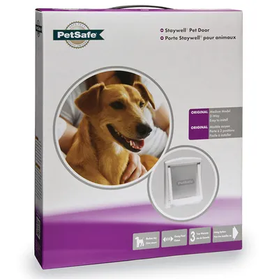Emballage PetSafe Porte Staywell pour animaux, modèle moyen, porte à 2 positions, facile à installer. Texte visible en anglais et français. Photo d’un chien et image de la porte.