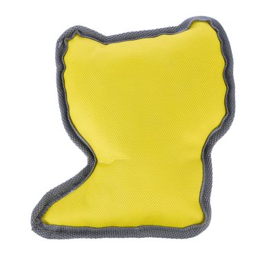 Giocattolo per gatti giallo in tessuto con bordo grigio, a forma di testa di gatto.
