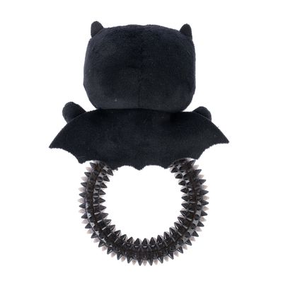 Giocattolo nero a forma di pipistrello con testa in morbido peluche e anello in materiale robusto e zigrinato.
