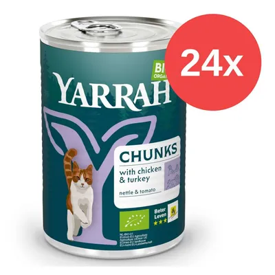 Yarrah Bio Chunks mit Huhn und Pute, Brennnessel und Tomate. EU-Bio-Siegel, Beter Leven 3 Sterne. Packung mit 24 Dosen.
