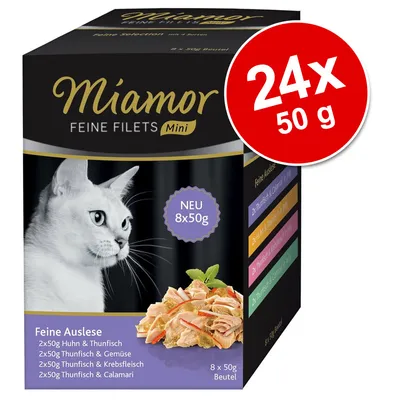 Miamor Feine Filets Mini, 24×50 g. Feine Auslese: 2×50g Huhn & Thunfisch, 2×50g Thunfisch & Gemüse, 2×50g Thunfisch & Krebsfleisch, 2×50g Thunfisch & Calamari. Miamor Feine Filets Mini, 24×50 g. Feine Auslese: 2×50g Huhn & Thunfisch, 2×50g Thunfisch & Gemüse, 2×50g Thunfisch & Krebsfleisch, 2×50g Thunfisch & Calamari.